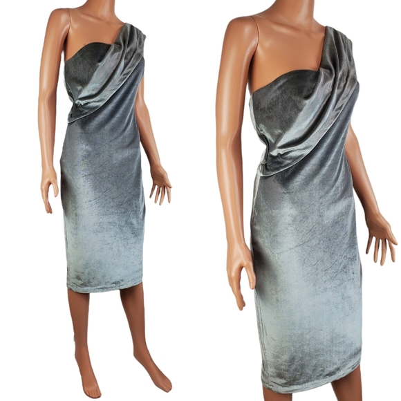 NWT Likely velvet pewter driggs strapless one shoulder midi dress gray size 4 - Picture 3 of 16